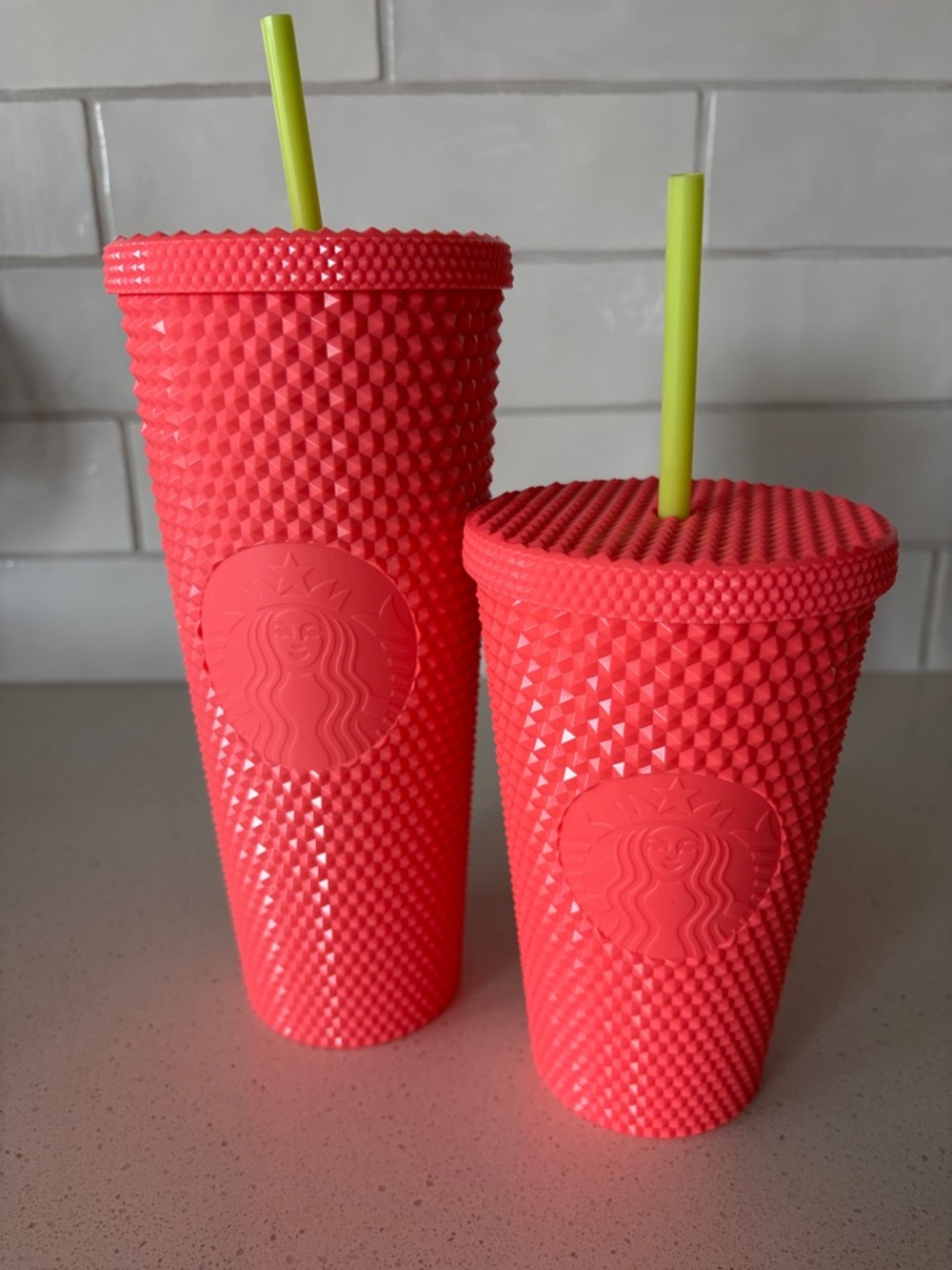 Starbucks Neon Pink Grapefruit Studded Reusable Cups with Lime Straw